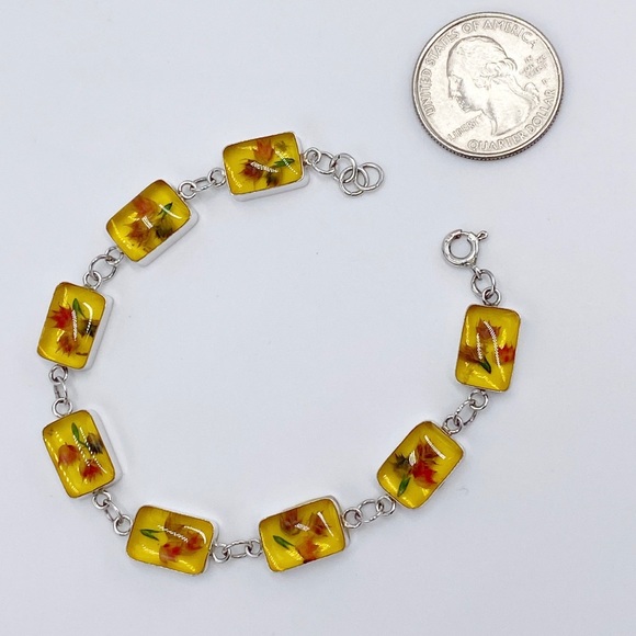 Vintage Sterling Silver Natural Flowers Set In Resin Link Bracelet - Picture 3 of 8